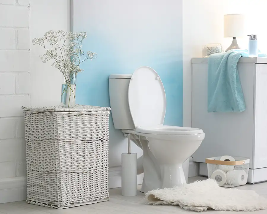 Clean, modern bathroom toilet with soft sky blue accents around - Springfield, IL